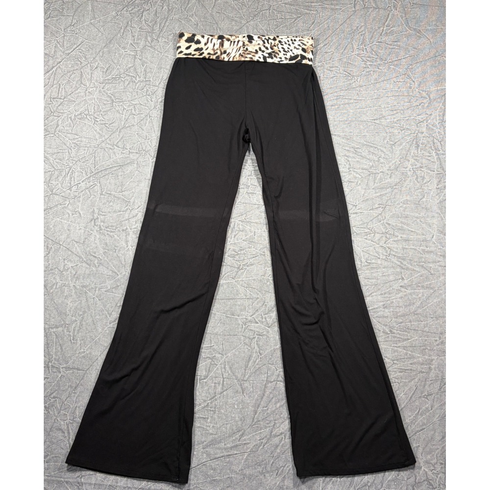 See You Monday Pants Women L Black Leopard Print Yoga Flare Fold Over Waistband